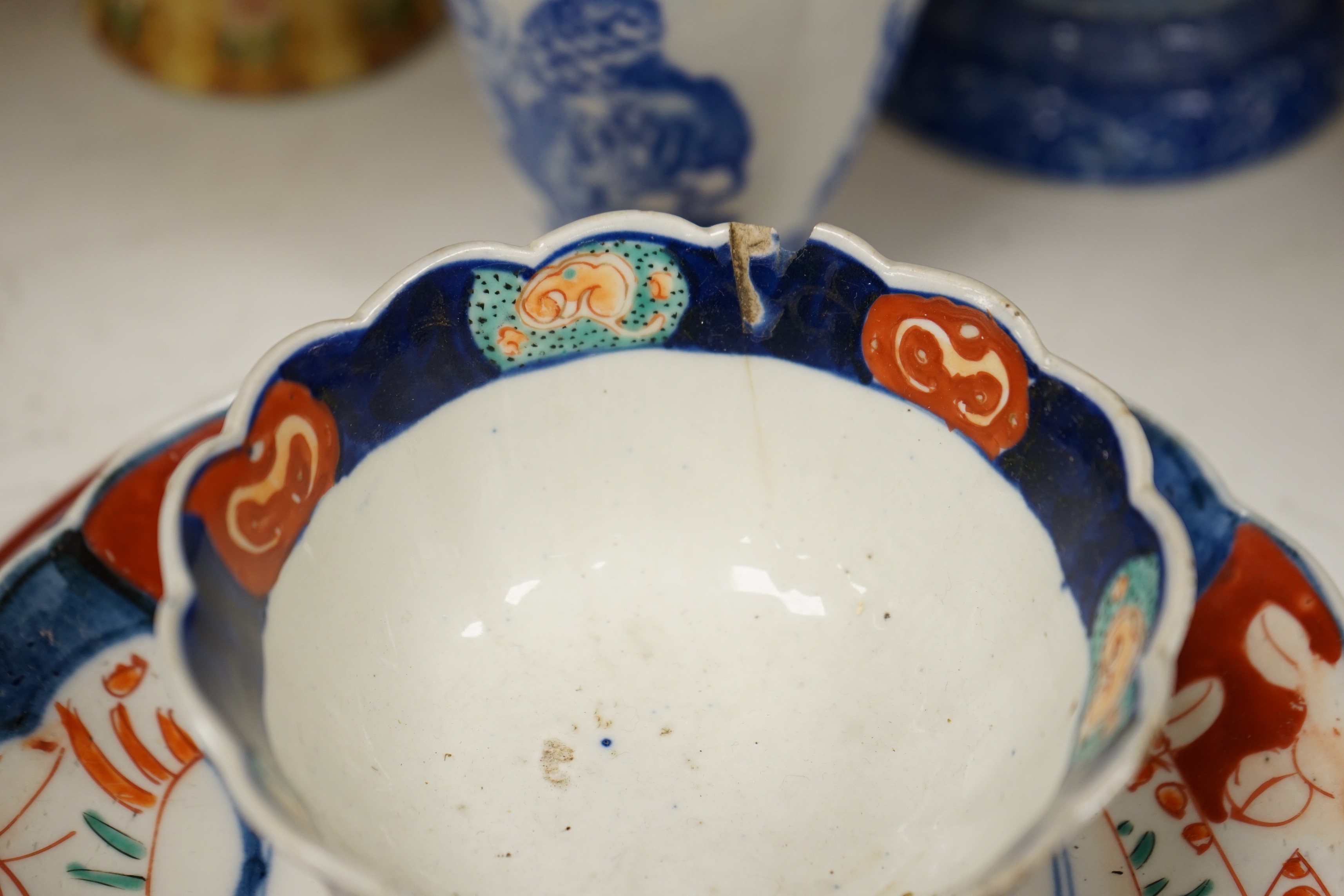 A group of Japanese ceramics to include Imari dishes a Seto ware blue and white vase etc. tallest 30cm